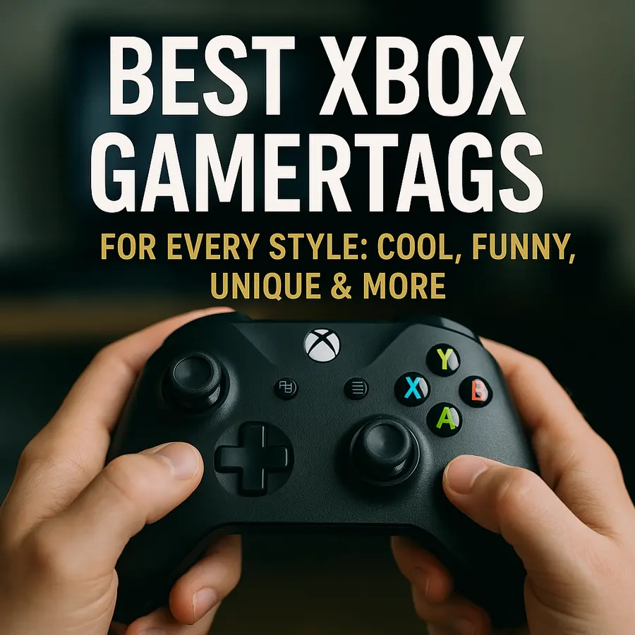 Realistic image of a person holding an Xbox controller with bold text overlay reading "Best Xbox Gamertags" and a subtitle highlighting cool, funny, and unique styles.