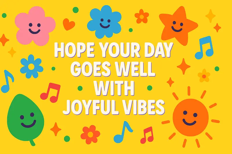 Bright graphic with smiling sun, flowers, stars, and musical notes surrounding the message "Hope your day goes well with joyful vibes".