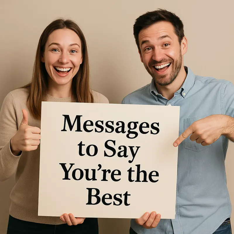 Smiling white man and woman holding sign that says “Messages to Say You’re the Best