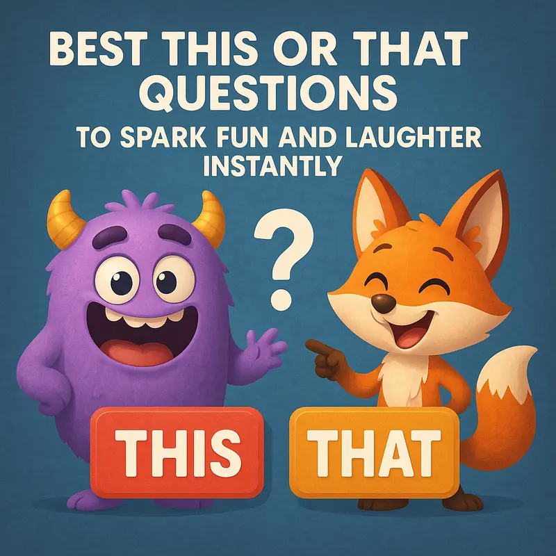 Cartoon fox and monster with "This or That" buttons and playful title text.