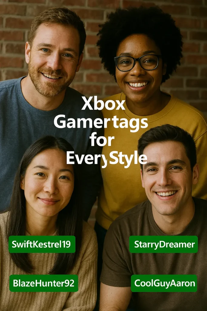 A realistic photo of four diverse Xbox gamers standing in front of a textured red brick wall