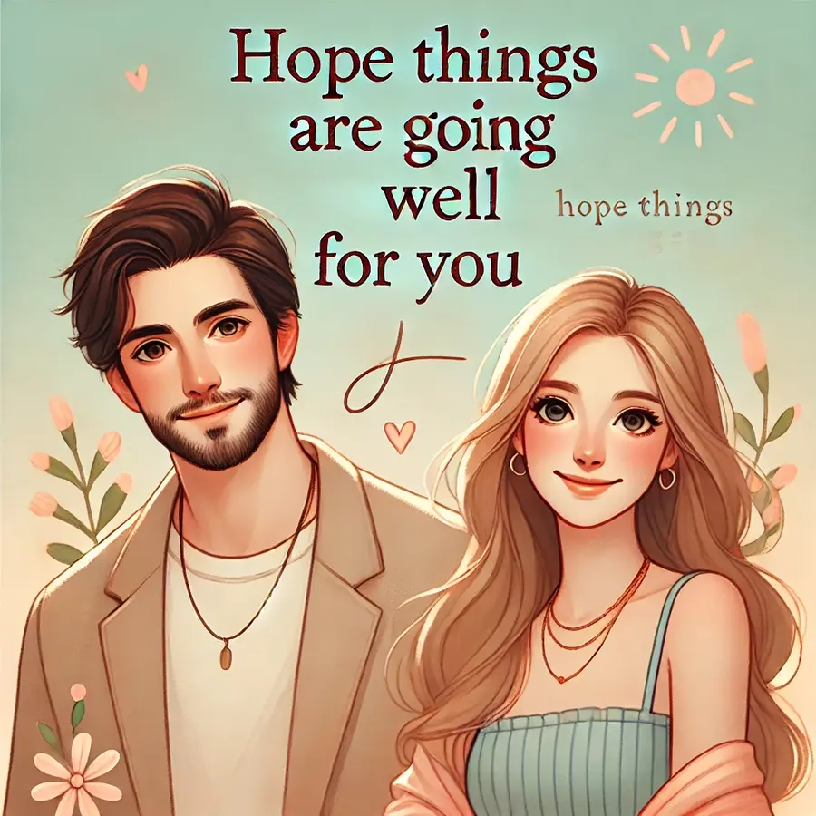 Smiling man and woman with message 'Hope things are going well for you' on a pastel background with floral accents.