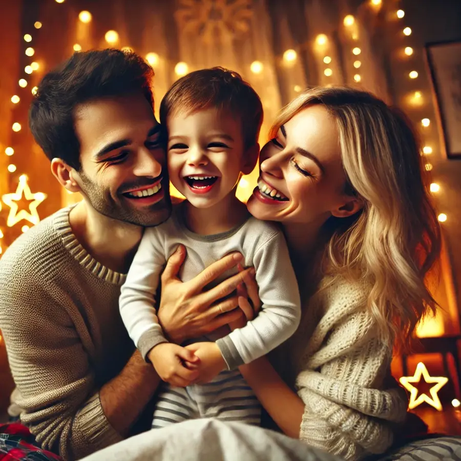 The child's face glows with happiness, symbolizing the warmth and love of his bond with parents.