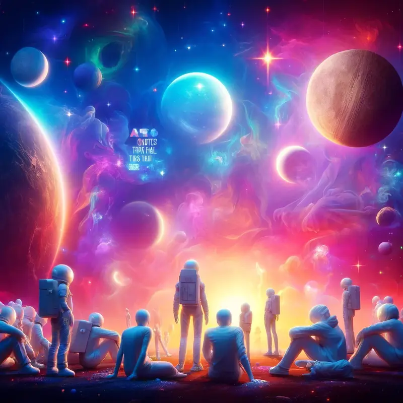 Group of white people in a colorful space scene