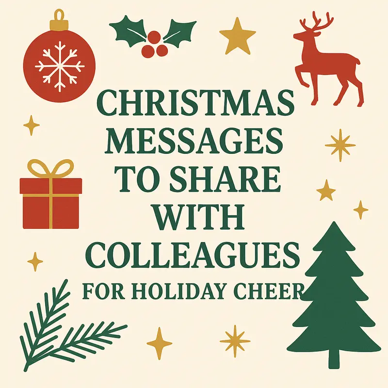 Festive graphic with Christmas icons and text “Christmas Messages to Share with Colleagues for Holiday Cheer”.