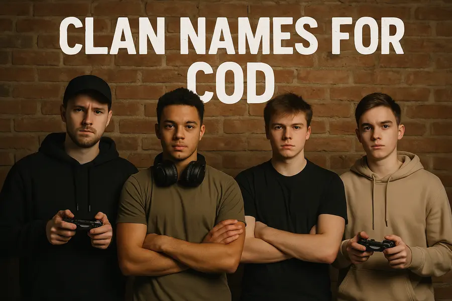 A hyper-realistic photo of four young male gamers standing confidently in front of a weathered red brick wall, each with unique outfits and intense expressions, under the bold title "CLAN NAMES FOR COD," evoking a gritty, Call of Duty-inspired atmosphere.
