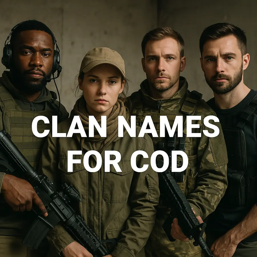 Four gamers in tactical gear pose together under the title "Clan Names for COD" in a realistic, military-style setting.