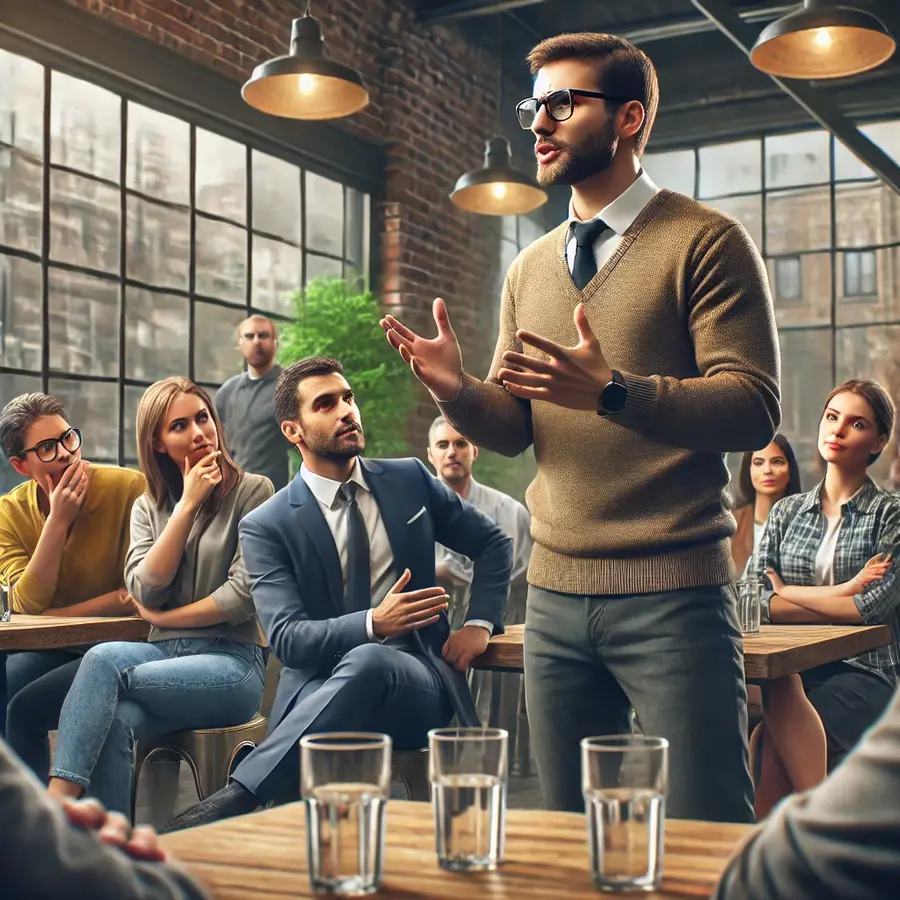 A tense yet humorous moment in a café as someone confidently shuts down their opponent with a clever remark. The crowd around them shows a mix of shock and admiration, highlighting the impact of the comeback.