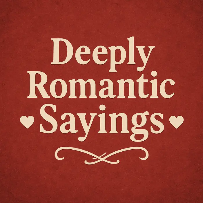 Typographic design of "Deeply Romantic Sayings" on a textured red background with heart symbols and decorative flourish.