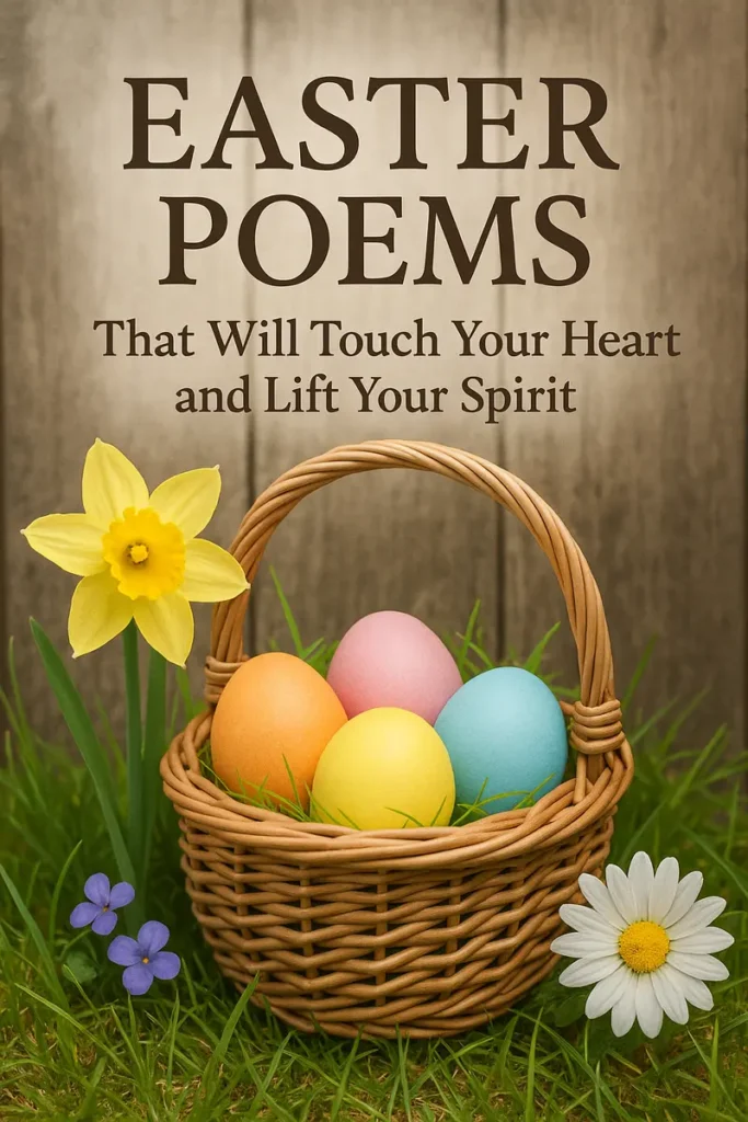 Easter basket with pastel eggs and spring flowers on grass, with wooden background and poetic title.