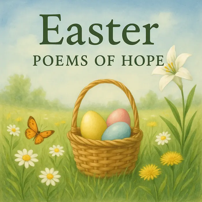 Wicker basket with pastel Easter eggs in spring meadow with daisies, butterfly, and lily.