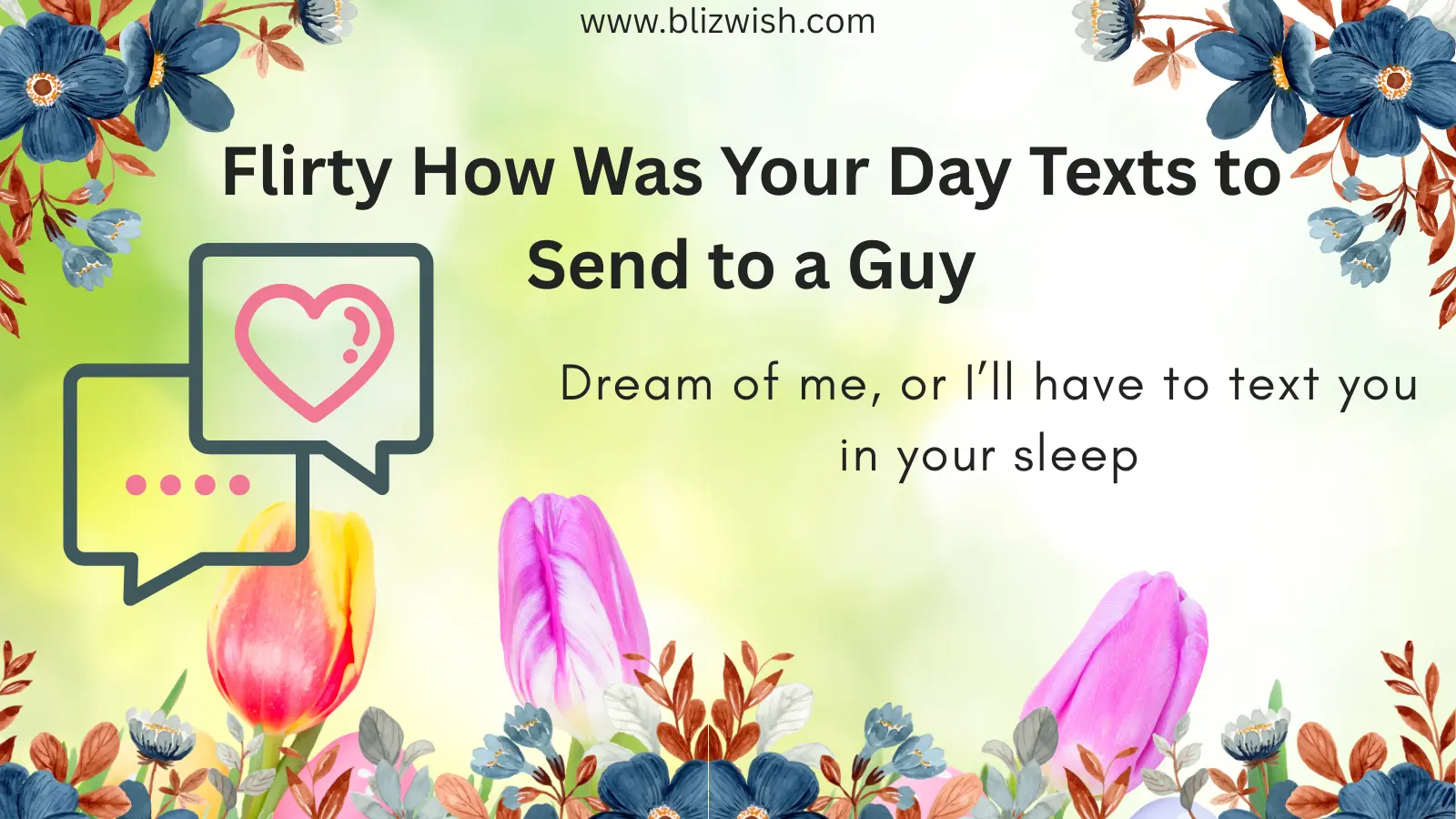 A stylized image showing flirty text messages between two colorful graphic avatars, surrounded by flowers, sparkles, and colorful tones.