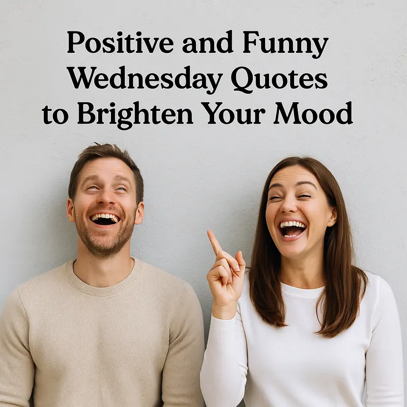 Smiling man and woman laughing under cheerful Wednesday quote on wall