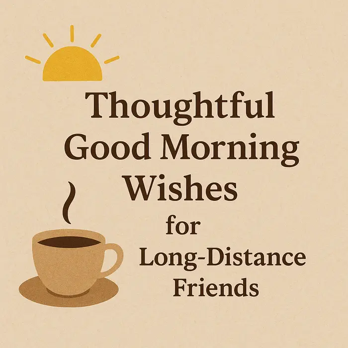 Minimalist digital card with sun and coffee graphics, saying "Thoughtful Good Morning Wishes for Long-Distance Friends."
