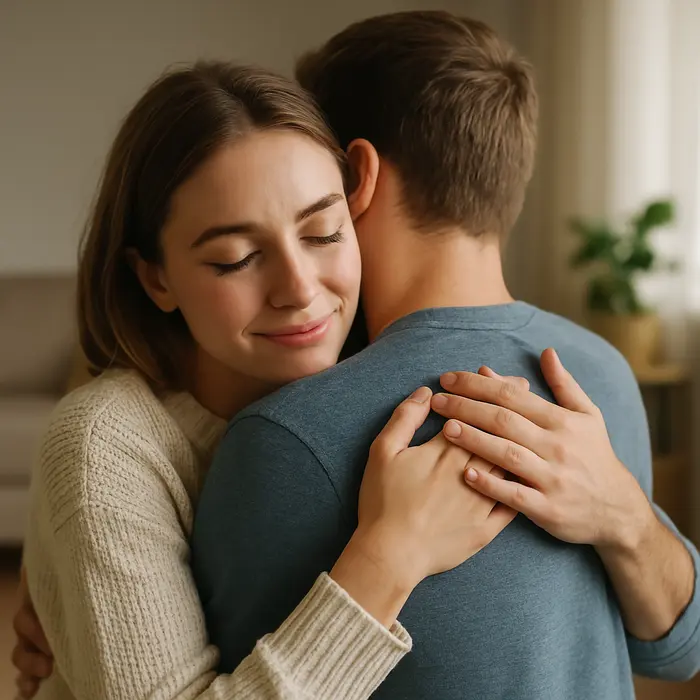 Young white couple hugging tenderly in a warmly lit living room.