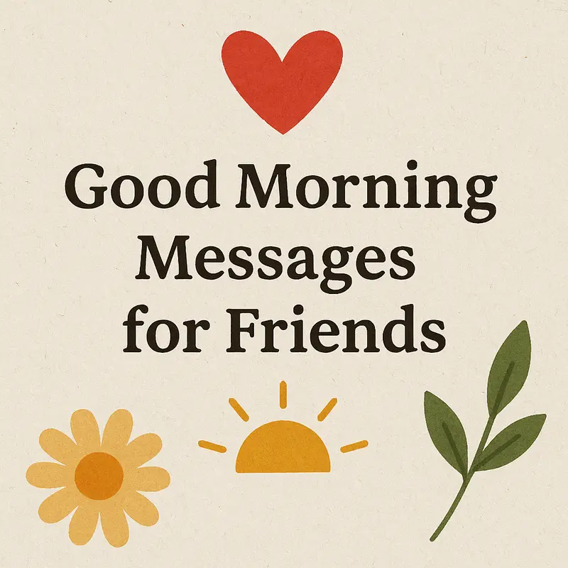 Greeting card with heart, sun, flower, and leaves around the phrase 'Good Morning Messages for Friends'.