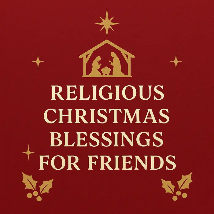 Elegant Christmas card with gold Nativity scene and “Religious Christmas Blessings for Friends” on red background.