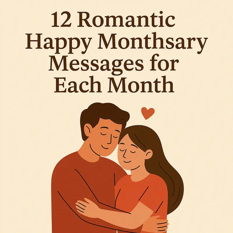 Illustrated couple hugging with text "12 Romantic Happy Monthsary Messages for Each Month".