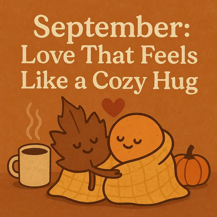 Cozy fall scene with smiling leaf and character hugging near coffee and pumpkin.