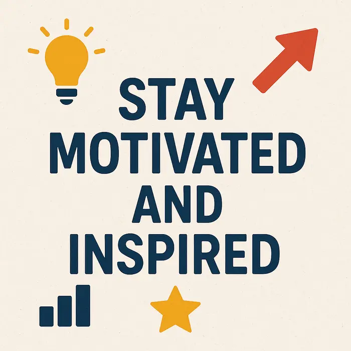 Motivational text with lightbulb, arrow, star, and bar chart icons on textured background
