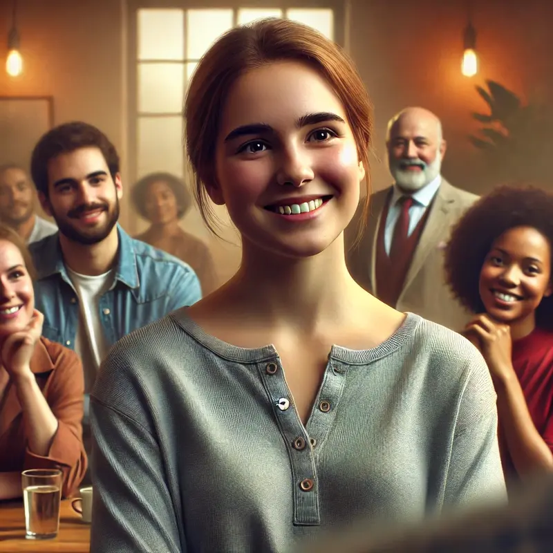 A calm person with a gentle smile delivers a sweet but firm comeback in a cozy coffee shop, while the other person looks respectfully surprised. Onlookers react with quiet admiration and warm expressions.