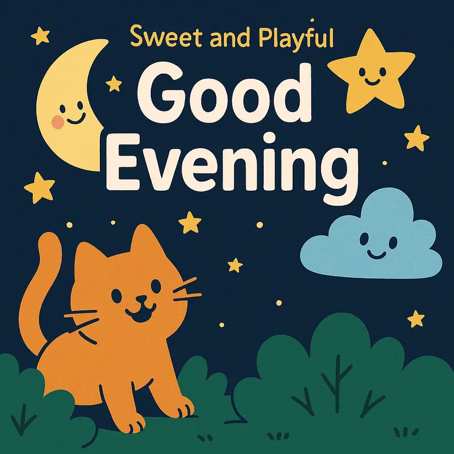 Cute 2D graphic of a smiling cat, stars, moon, and cloud with Sweet and Playful Good Evening text.