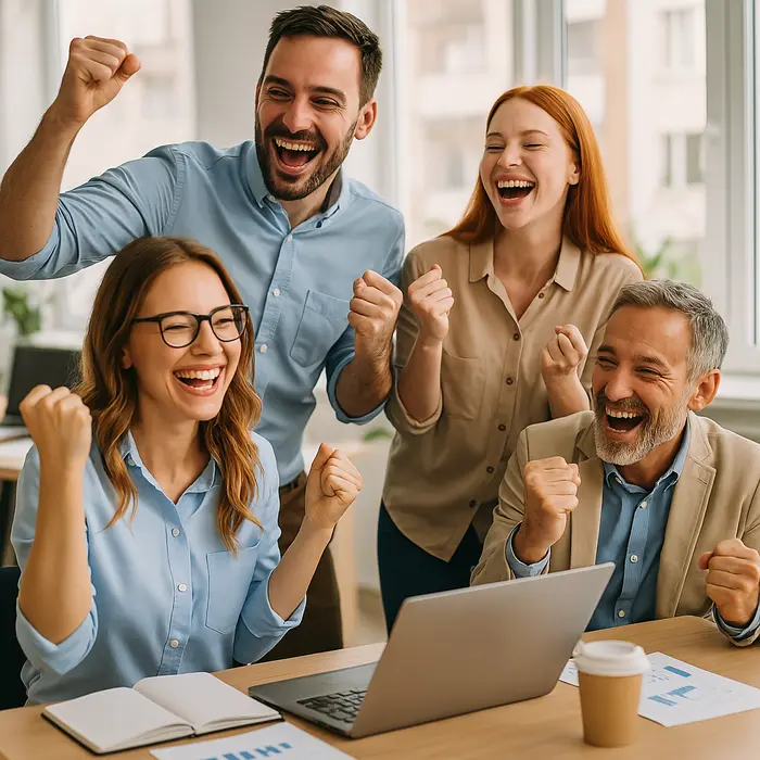 Coworkers celebrating together around a laptop in a bright modern office