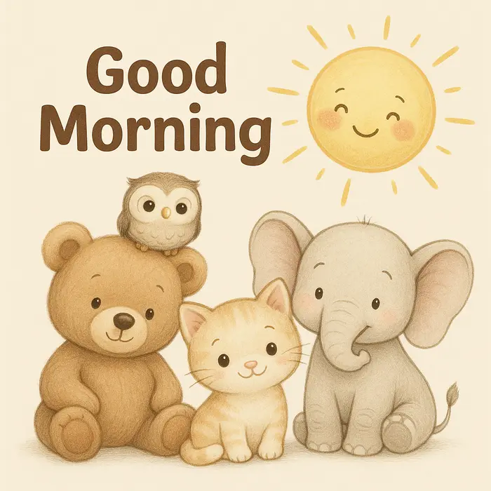 Cute animals with smiling sun and “Good Morning” text.