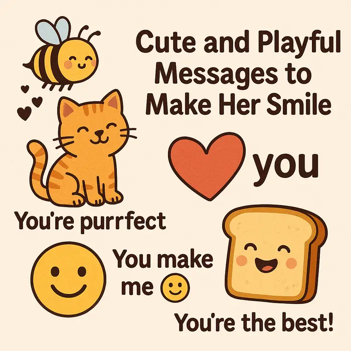 Cute cartoon bee, cat, smiley, toast, and hearts with playful love messages.