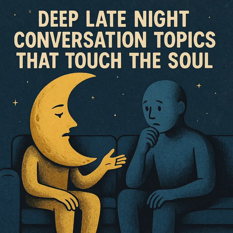 Moon-faced figure and blue humanoid in deep conversation on sofa at night.