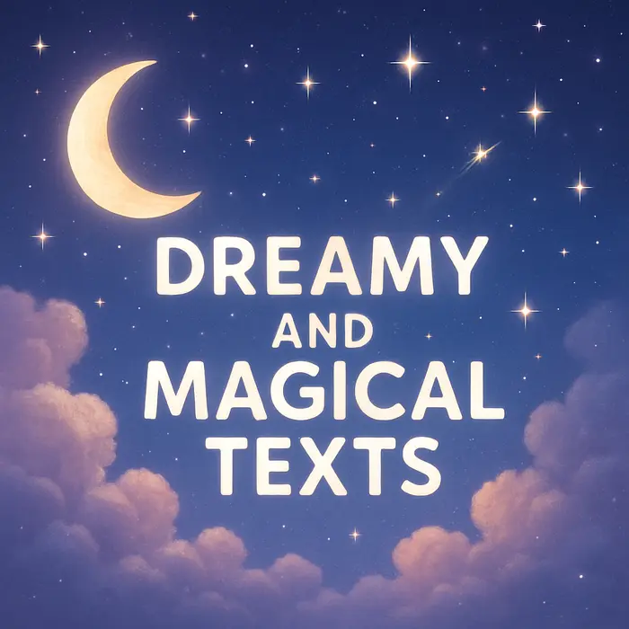 “DREAMY AND MAGICAL TEXTS” over a starry sky with moon and clouds.