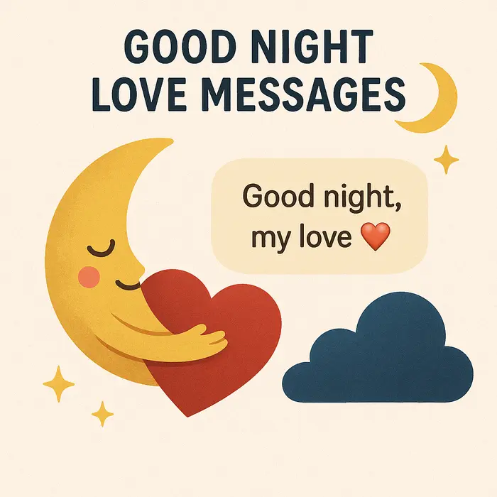 Crescent moon hugging heart with “Good night, my love ❤️” text.