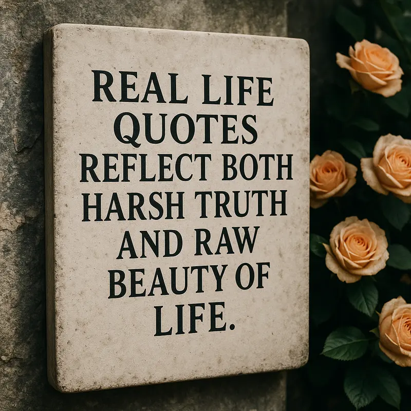 Weathered sign with life quote beside blooming roses.