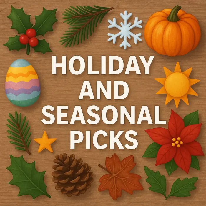 Holiday and seasonal icons with bold title on wood background