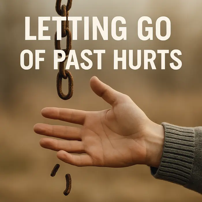 Hand releasing broken rusted chain with text "Letting Go of Past Hurts"
