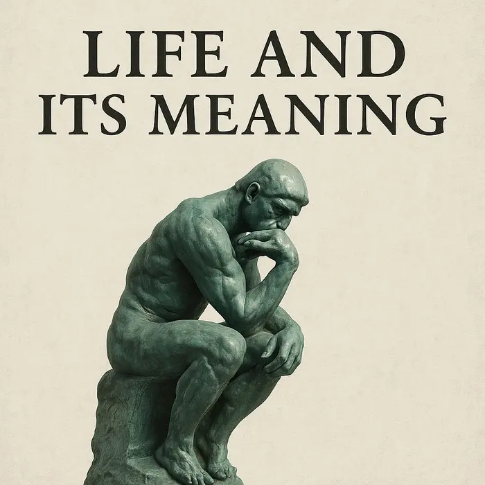 Bronze statue in deep thought beneath the title "Life and Its Meaning" on textured background.