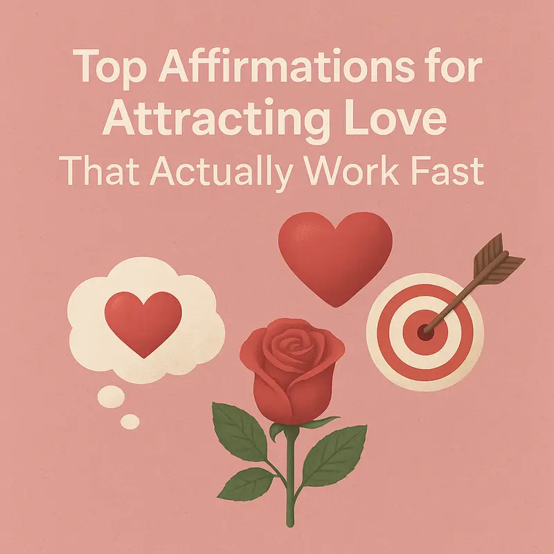 Infographic on love affirmations with heart, rose, target, and thought bubble.