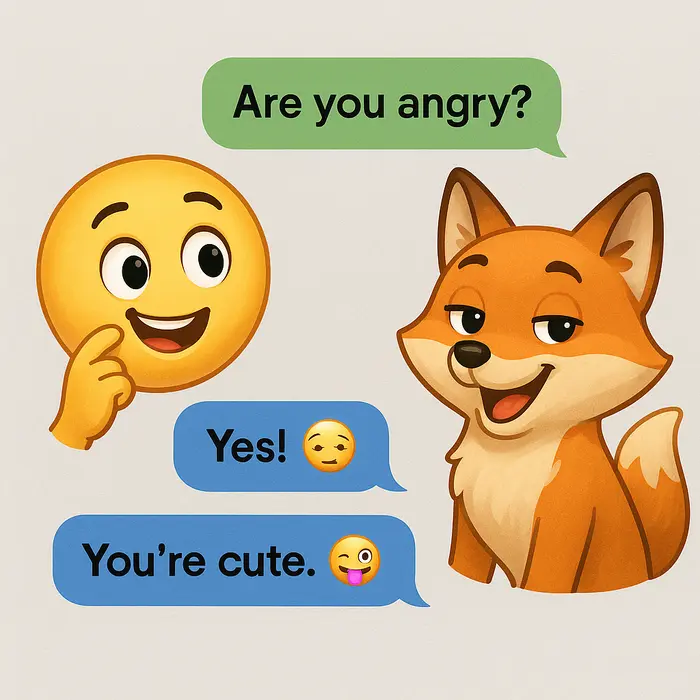 Ultra-realistic emoji and fox exchanging playful texts.
