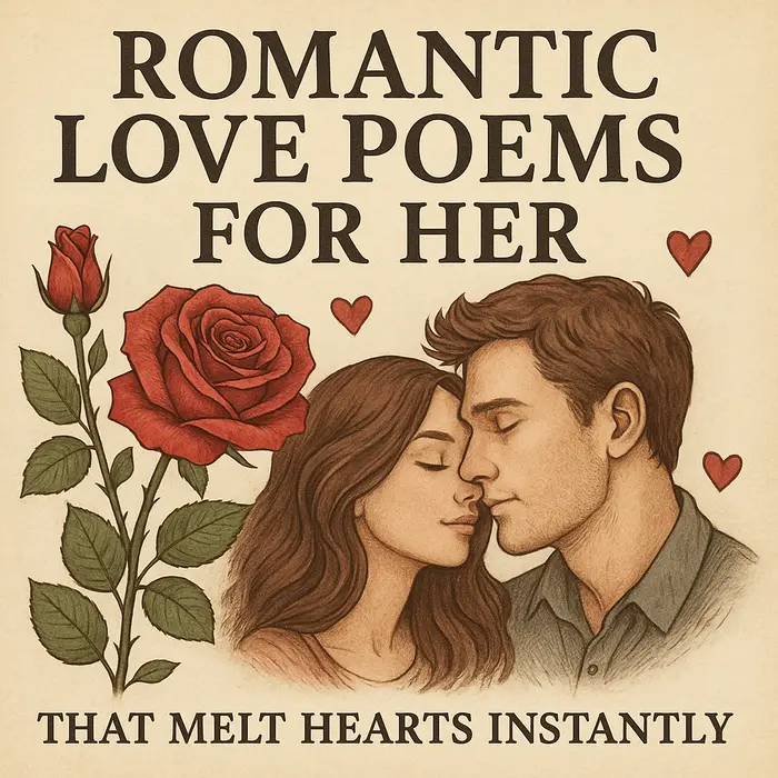 Romantic-themed illustration with red rose, stylized couple, and love poem title text.