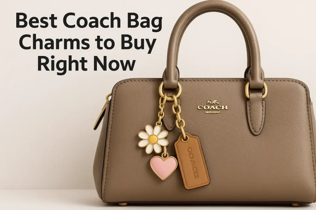 Taupe Coach handbag with gold charms including flower, heart, and tag on neutral background.