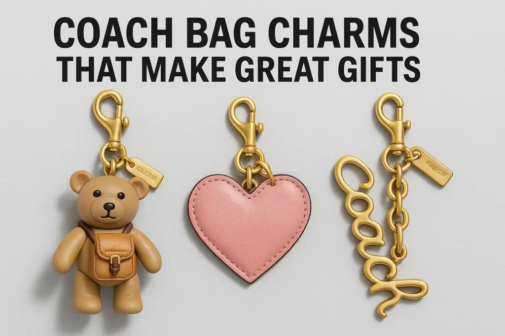 Coach bag charms in bear, heart, and script shapes on gray background.