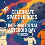 Celebrate Space Heroes on International Asteroid Day 2025 with astronauts, rocket, and asteroid graphic illustration