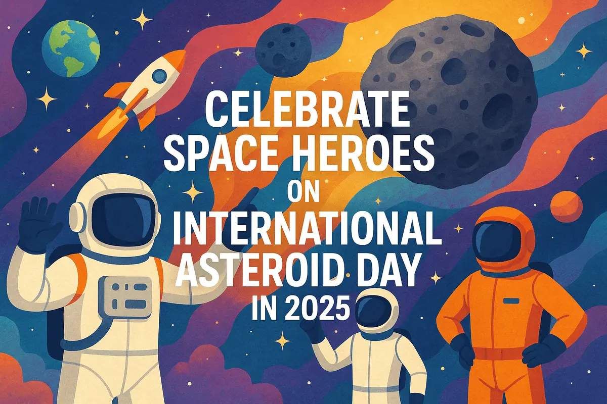 Celebrate Space Heroes on International Asteroid Day 2025 with astronauts, rocket, and asteroid graphic illustration