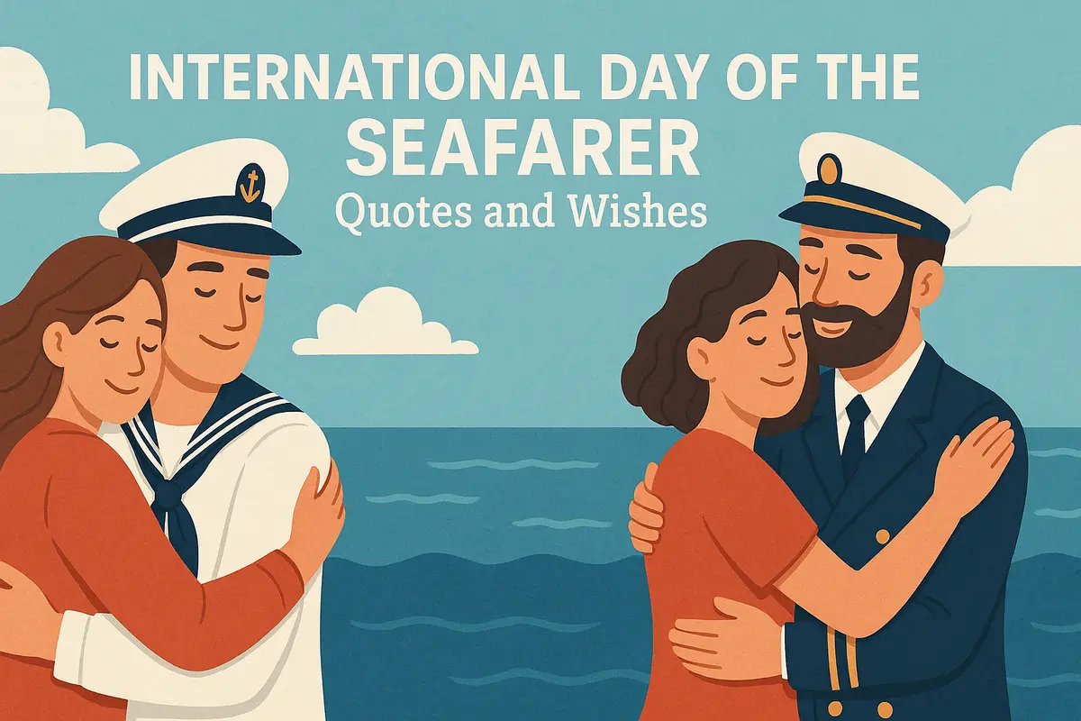 Couples hugging seafarers on International Day of the Seafarer with ocean background
