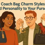 Couple holding Coach handbags with unique bag charms including a teddy bear and T-Rex.