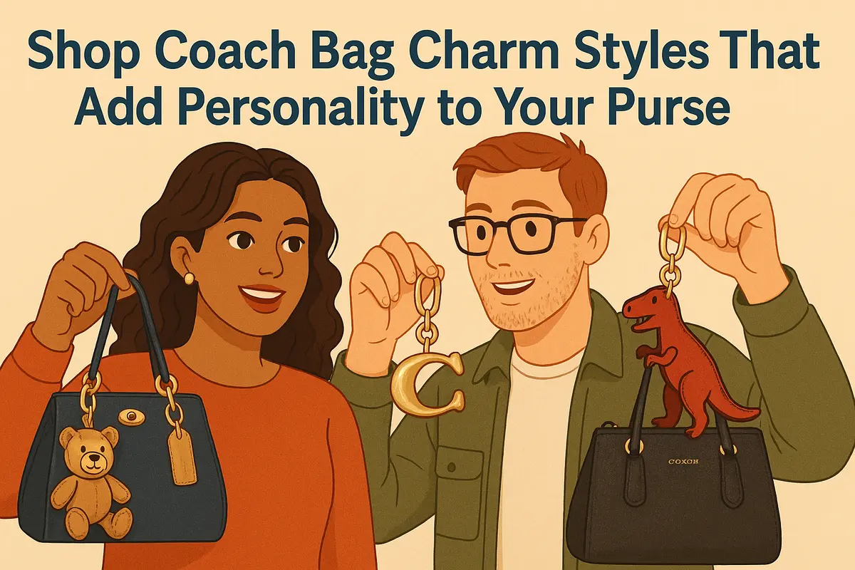 Couple holding Coach handbags with unique bag charms including a teddy bear and T-Rex.
