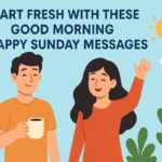 Cheerful Sunday morning graphic with smiling characters and text "Start Fresh with These Good Morning Happy Sunday Messages"