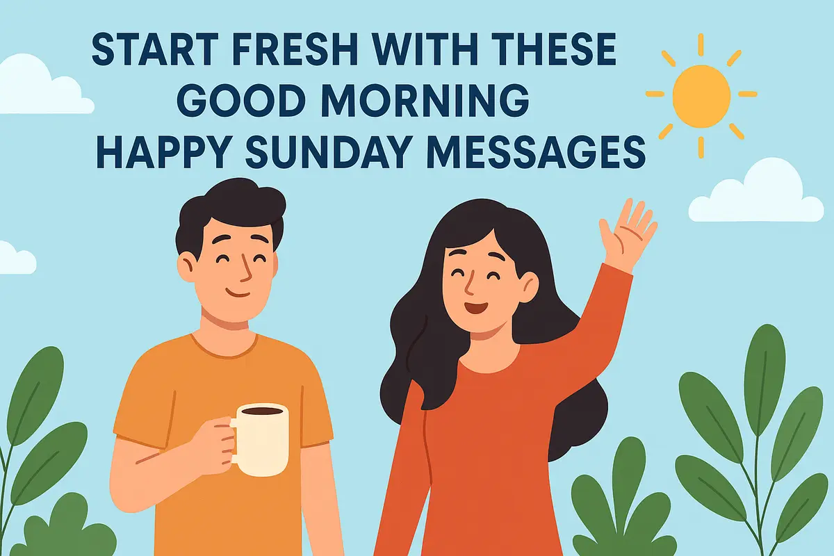 Cheerful Sunday morning graphic with smiling characters and text "Start Fresh with These Good Morning Happy Sunday Messages"