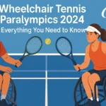 Couple playing wheelchair tennis at Paralympics 2024 on blue court