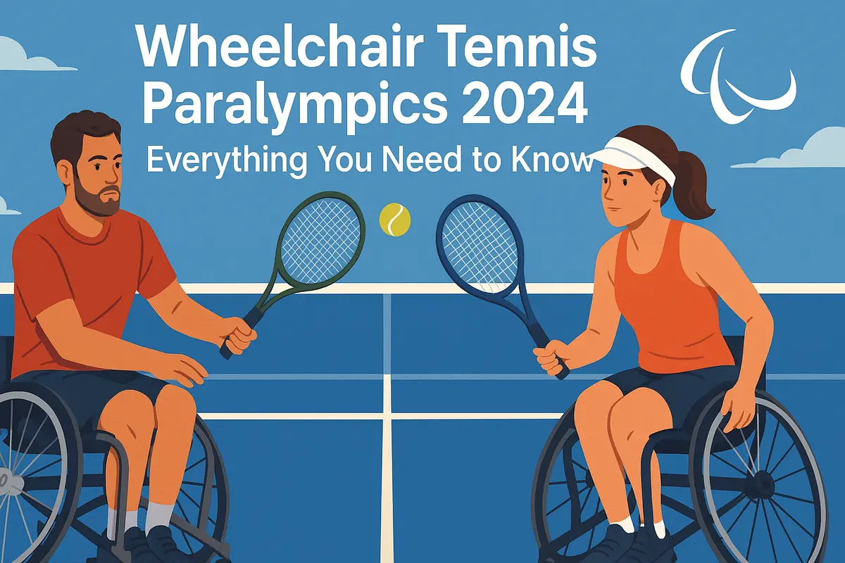 Couple playing wheelchair tennis at Paralympics 2024 on blue court